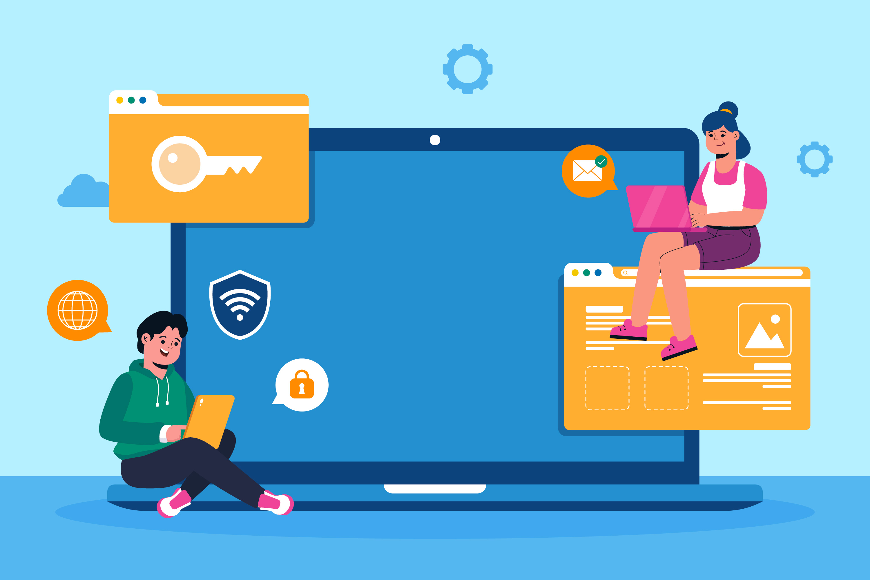 Two people are sitting on a giant laptop and using their own smaller laptops. The laptop has icons that represent security and the internet, like a lock and a globe. The people are smiling and look happy to be working on their laptops.